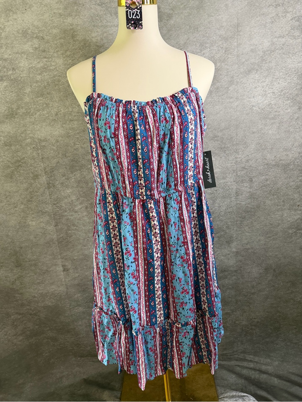 Derek Heart Blue Striped Floral Spaghetti Strap Mini Dress